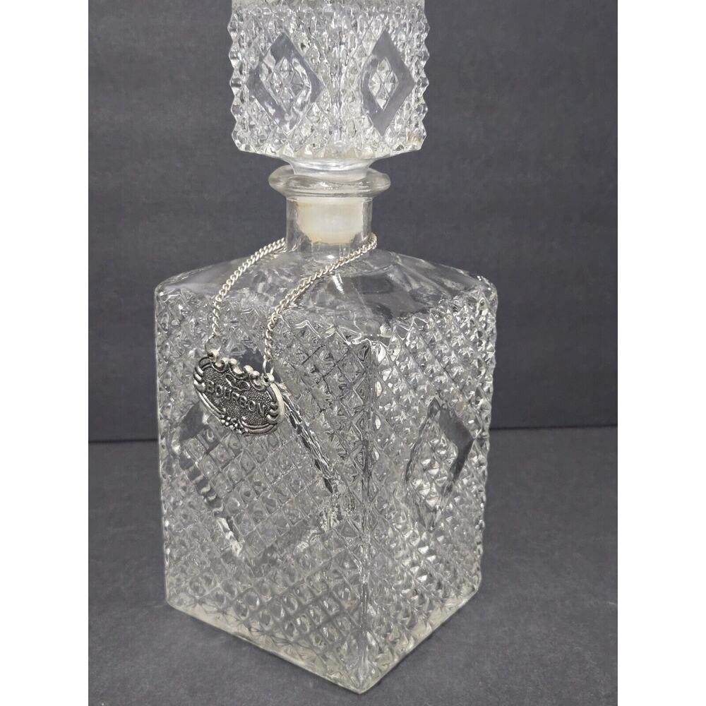 Vintage Diamond Pressed~Glass Bar Decanter~Bourbon/Gin Reversable Metal Hang Tag